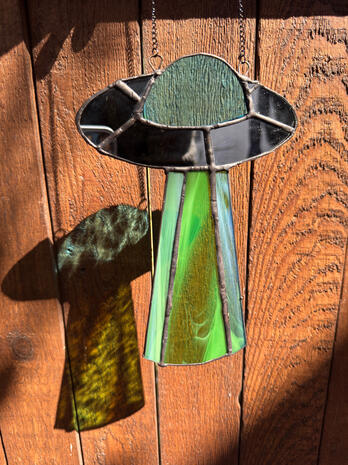 UFO Handmade Stained Glass Suncatcher / Mirror (10 inch) - FREE SHIPPING