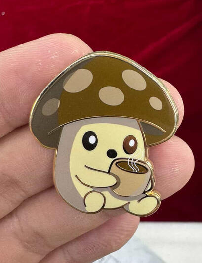 Mushroom Sproutling With Coffee Enamel Pin / Sticker